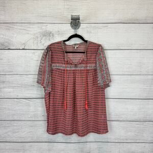 Lucky Brand Coral and Gray Patterned Peasant Blouse